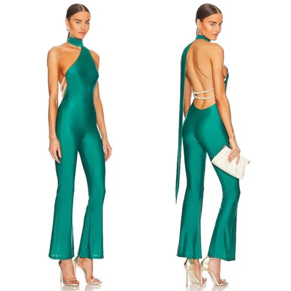 Khanums × Revolve Kara Pearl Trim Backless Halter Jumpsuit Size Small NWOT Teal - Picture 1 of 2